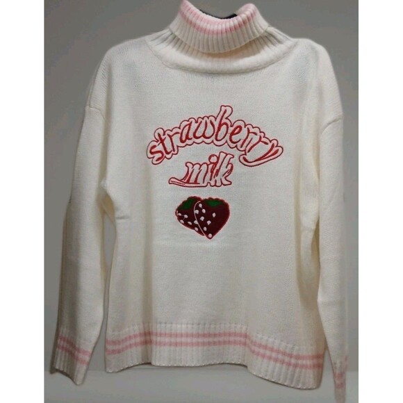 Strawberry Milk Turtleneck Sweater White Pink Kawaii Y2K Anime Style Large Mint - Picture 1 of 5